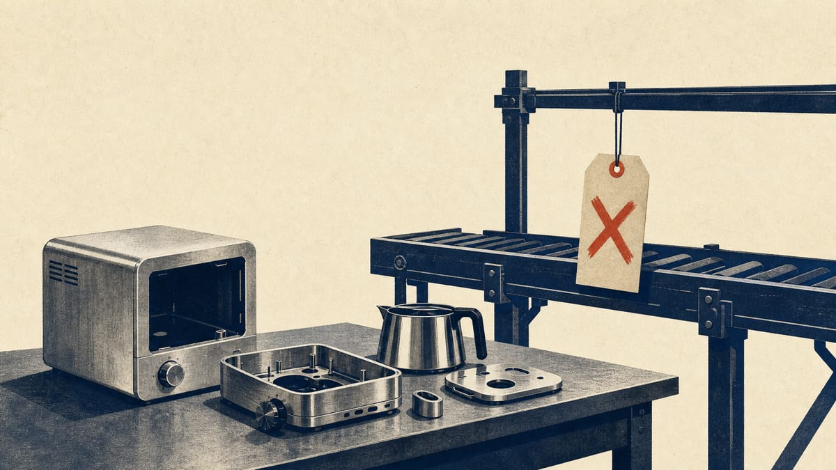 Illustration of a paused kitchen-appliance assembly line in a metalworking workshop, symbolizing a stalled corporate takeover.
