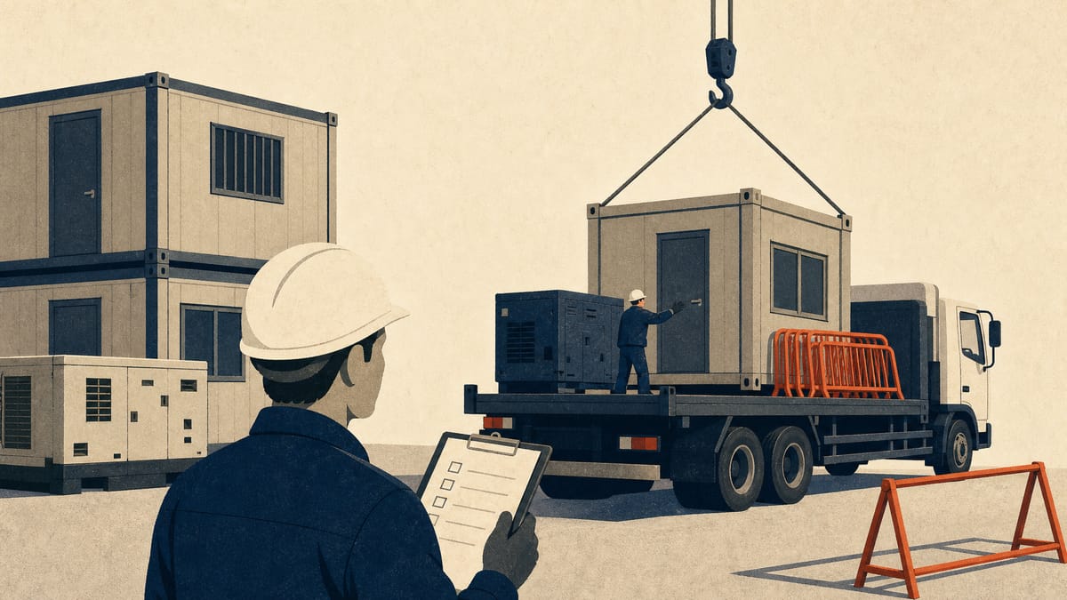 Illustration of a construction-equipment rental yard with unit houses and gear being loaded for transport, reflecting a rental company's move into site-facility services.