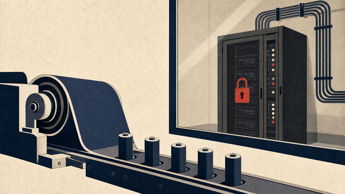 Illustration of a battery production line next to a secured server cabinet, representing new cybersecurity requirements proposed for Japan's certified battery manufacturers.