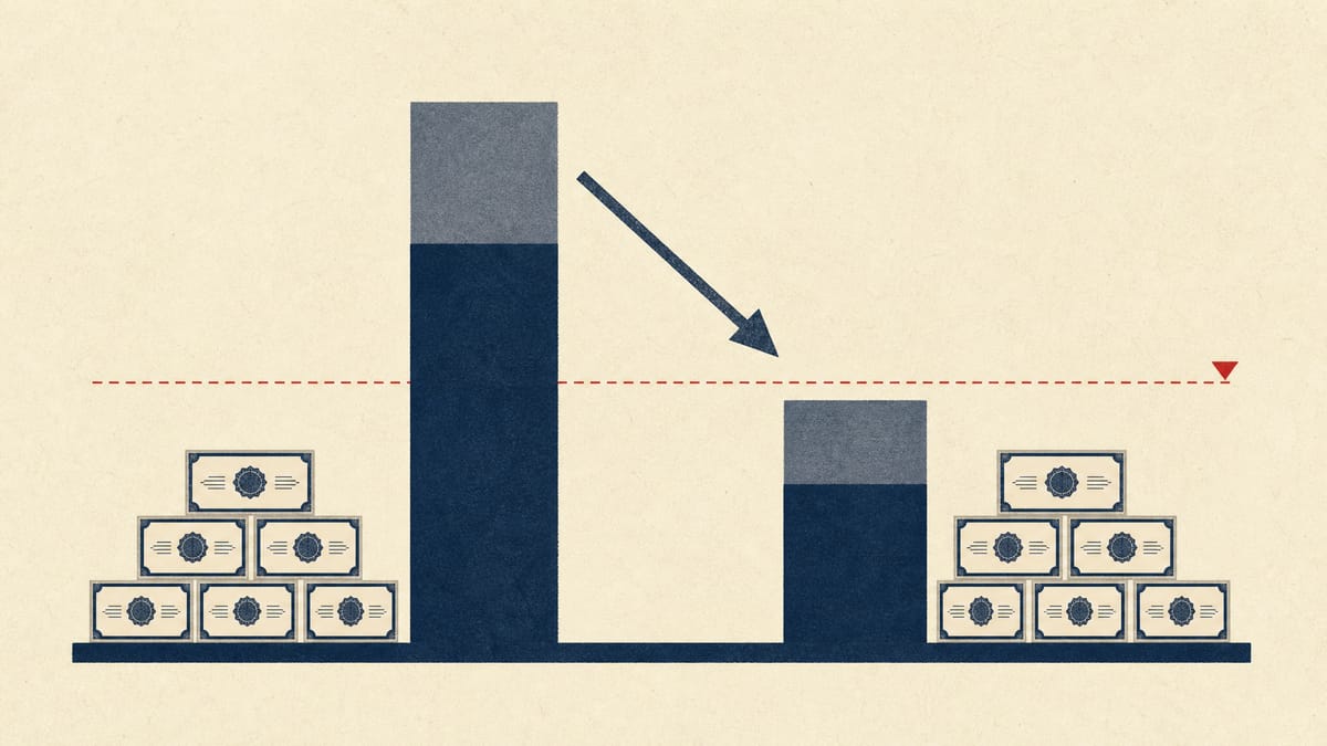 Illustration of a shareholding percentage bar chart falling below a marked five percent ownership threshold line, with stacked share-certificate icons beside it.