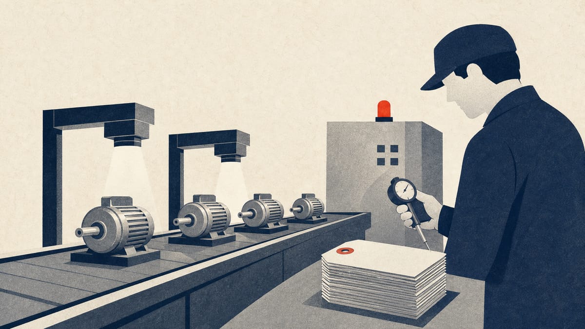 Editorial illustration of a motor-parts assembly line with an inspection station, evoking a factory quality-control process under scrutiny.