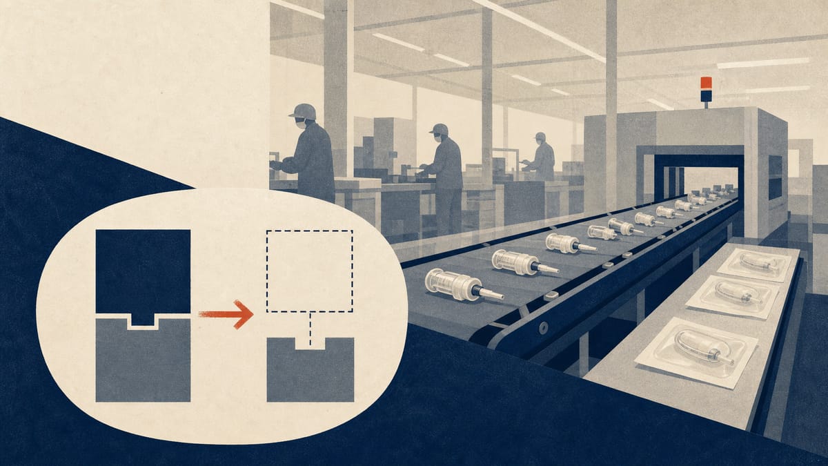 Illustration of a medical-device production line in Vietnam with an overlay diagram showing an ownership stake shifting from one shareholder to another.