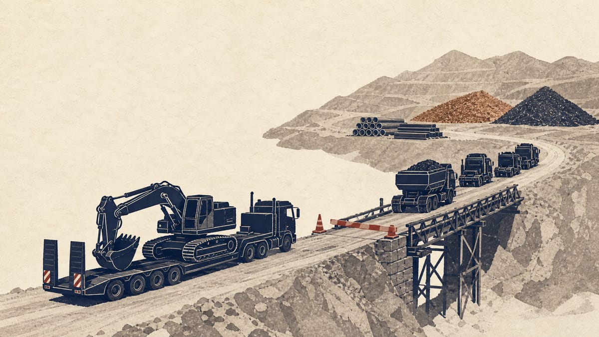 Illustration of a storm-damaged access road and bridge blocking equipment trucks bound for a copper mine construction site in Chile.