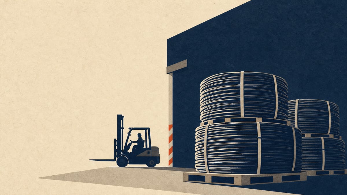 Coils of electrical cable stacked in a wire distributor's warehouse with a forklift near a loading dock.