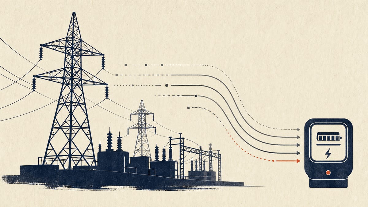 Transmission towers and a substation with abstract lines suggesting wheeling-charge costs flowing toward an electricity meter.