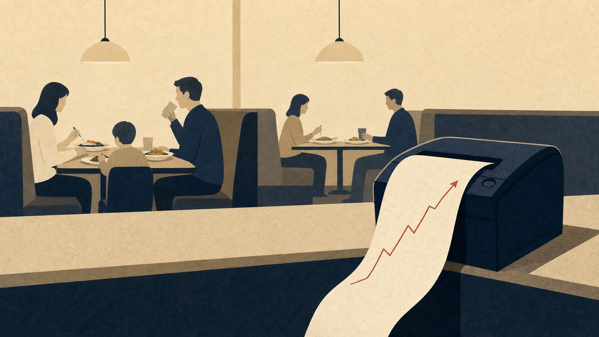 Illustration of a partly filled family-restaurant dining room with a receipt tape showing a rising spending trend.