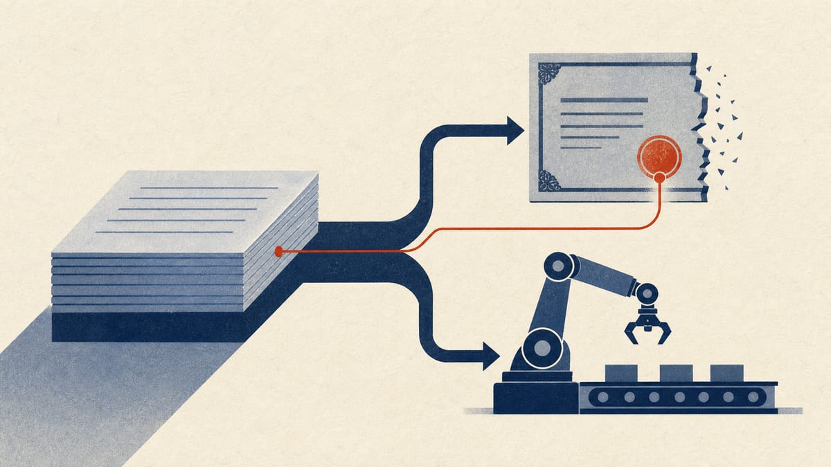 Editorial illustration showing yen bond proceeds splitting into two flows, one toward bond redemption paperwork and one toward a robotic assembly arm, representing SoftBank Group's proceeds allocation.