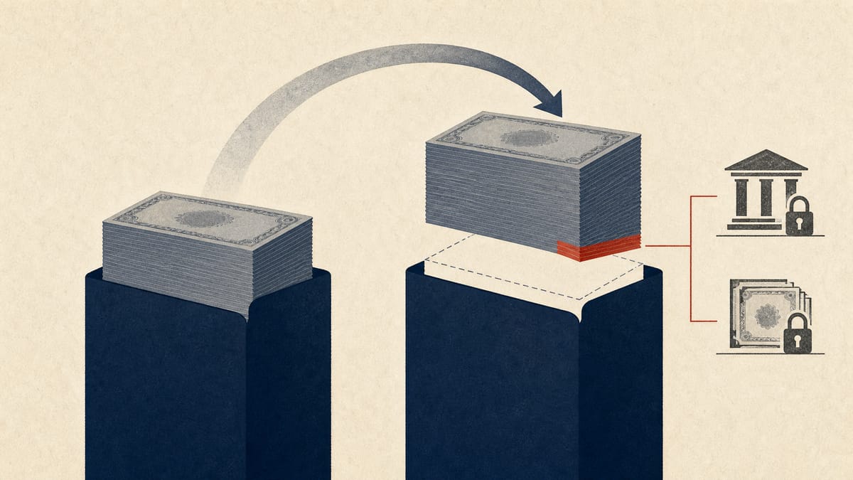 Illustration of a block of share certificates moving from one ledger column to another, with a portion marked as still pledged to lenders.