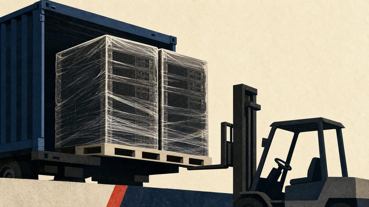 Data-center server racks wrapped for shipment on a loading dock, representing a cross-border hardware sale between Japan and Taiwan.