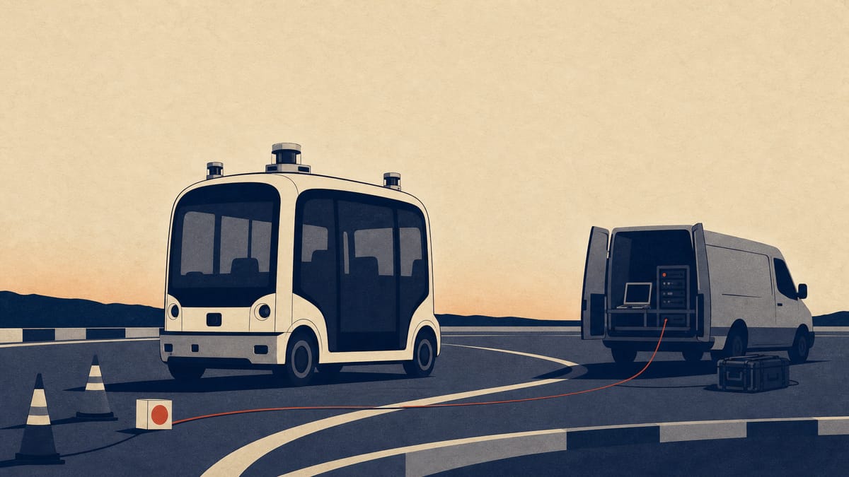 An autonomous shuttle bus with rooftop sensor equipment undergoing a closed-course test alongside a technical support van.