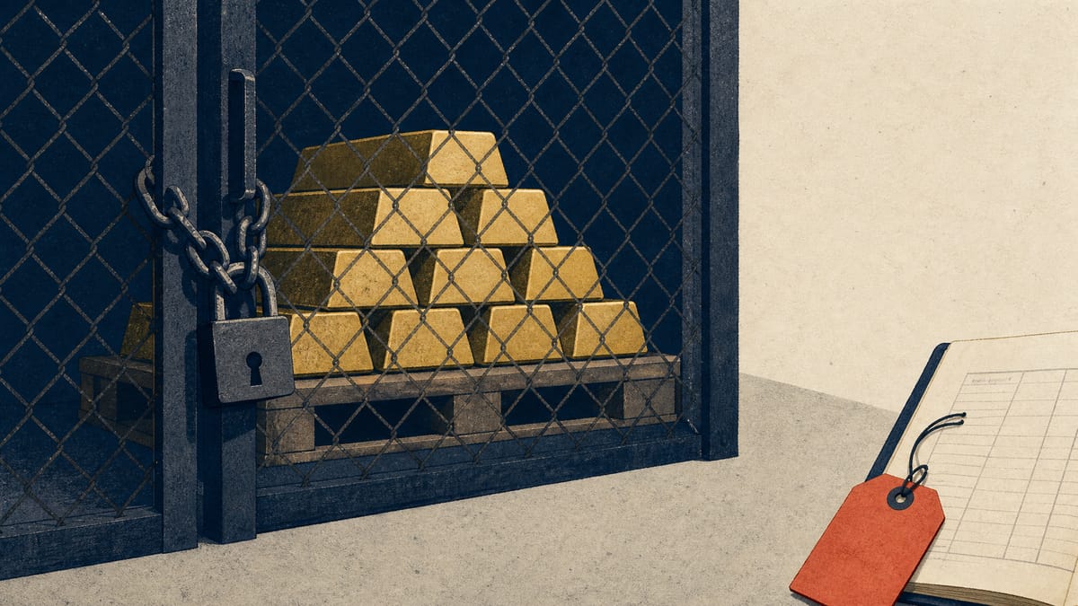 Gold bullion bars stacked behind a locked warehouse cage beside an unpaid invoice tag, representing the disputed bullion trade now under criminal investigation.