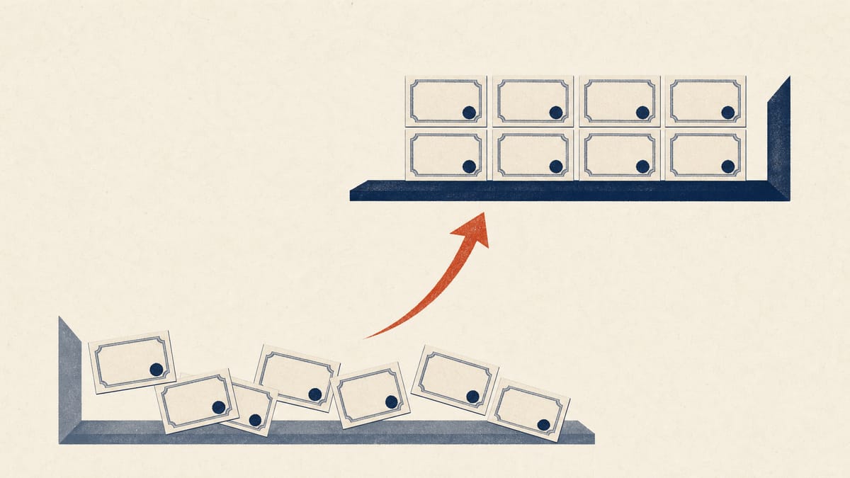 Abstract illustration of stock certificate icons moving from a looser lower tier to a more structured upper tier, symbolizing a stock exchange market segment upgrade.