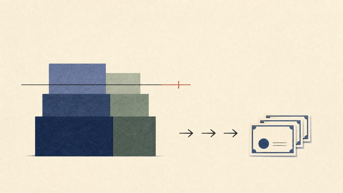 Abstract diagram of two stacked ownership blocks crossing a percentage threshold line, with icons showing depositary receipts converting into a smaller number of share certificates.