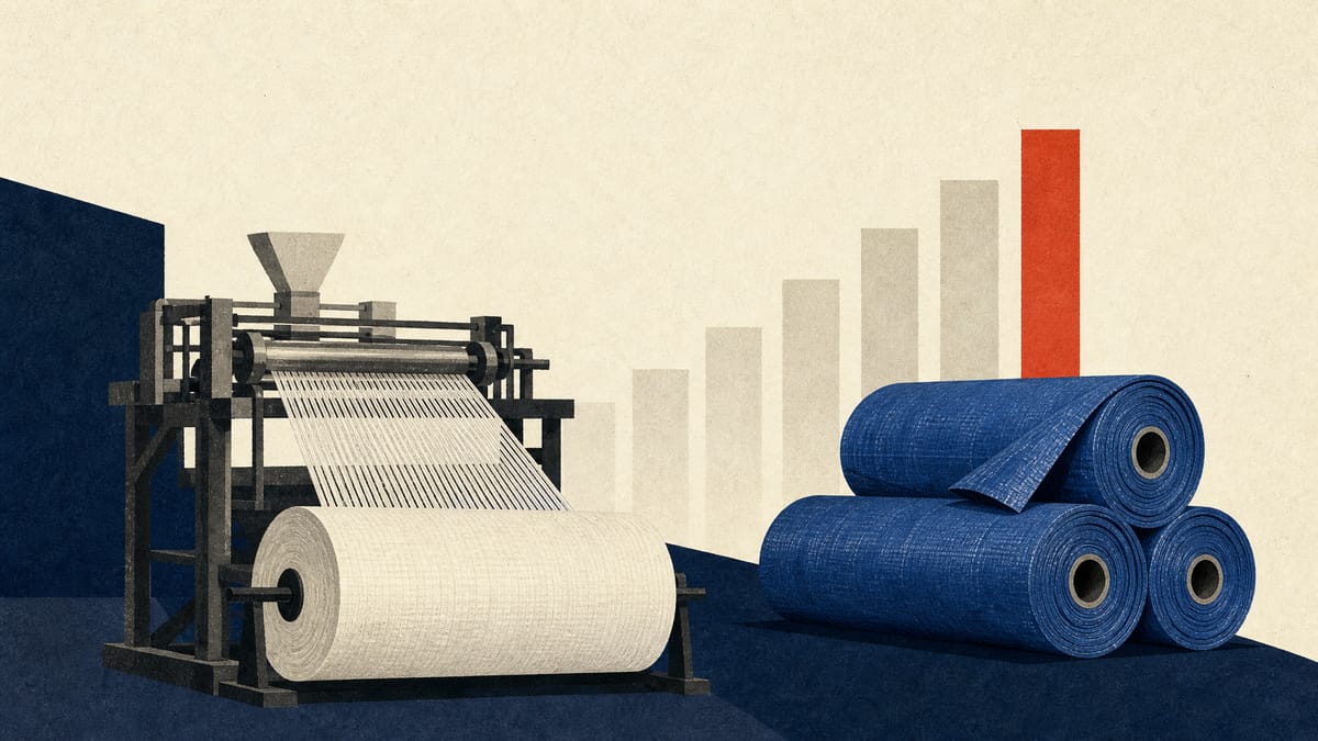 Illustration of a plastics factory floor with fiber spools and tarpaulin rolls on an extrusion line, with an abstract capital-investment graphic in the background.