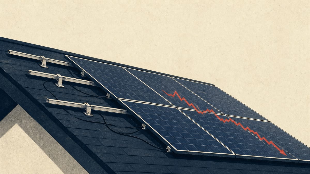Editorial illustration of a rooftop solar panel installation with a faint red downward financial line overlay, representing a Japanese investor's planned stake in a financially distressed US solar company.