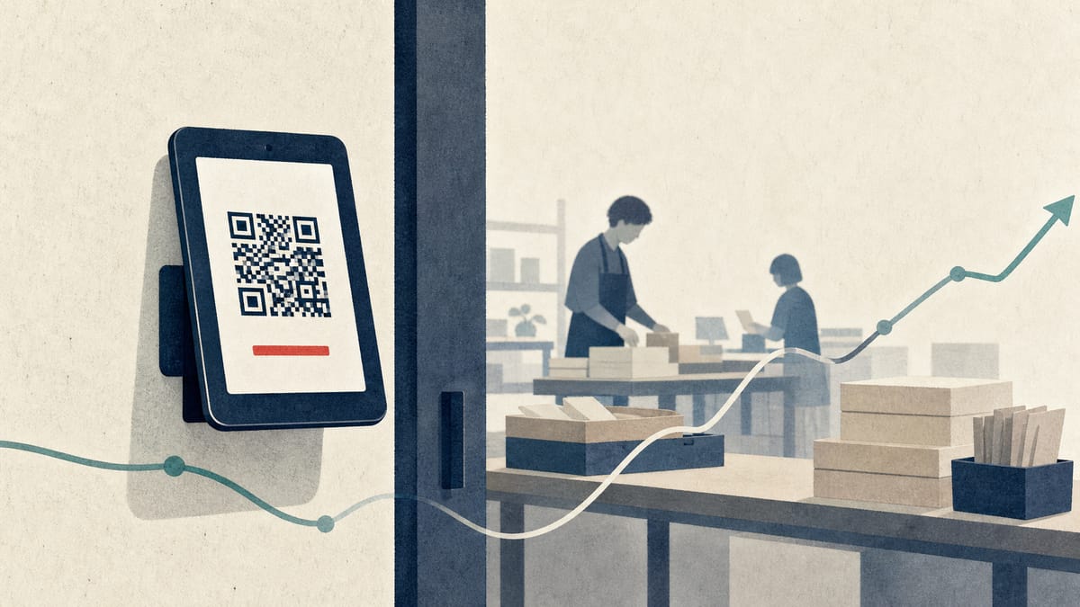 Illustration of a QR-code check-in tablet at a welfare workshop entrance with an abstract stock-exchange line motif in the background.
