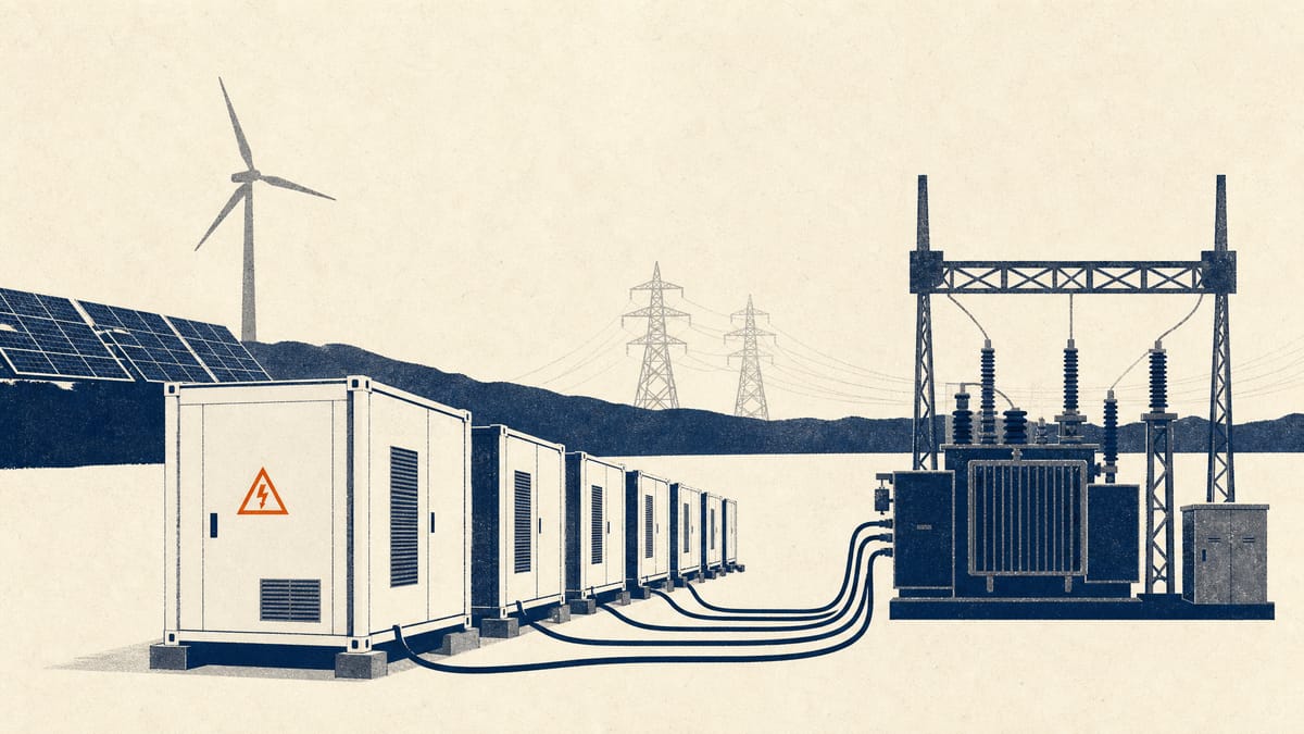 Grid-scale battery storage containers linked to an electrical substation with transmission lines, solar panels and a wind turbine in the background, representing Japan's subsidy for balancing surplus renewable power.