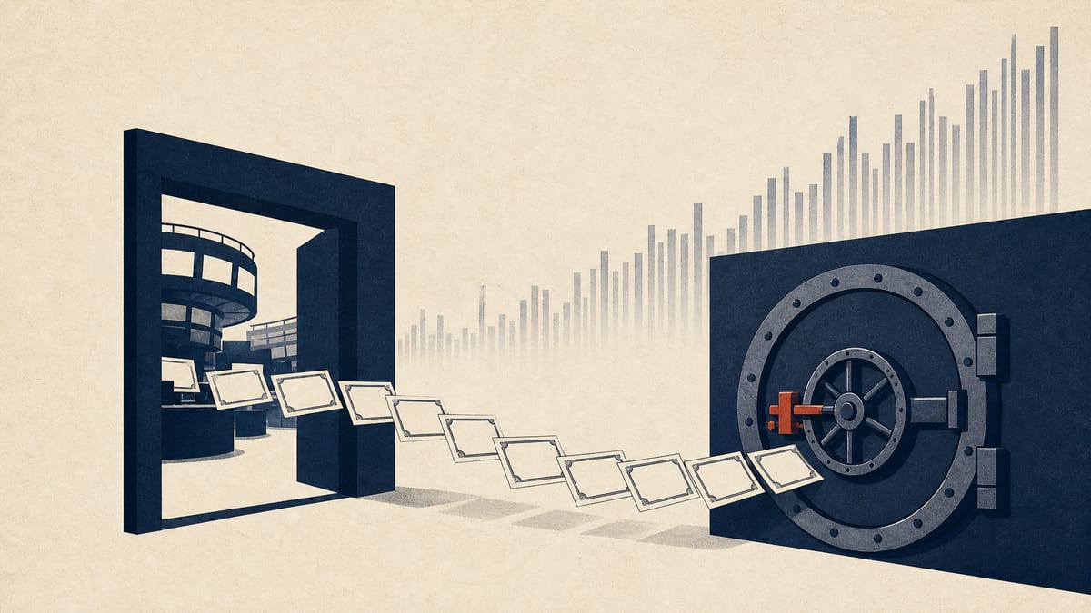 Illustration of stock certificates flowing into a corporate vault, representing a company's ongoing share buyback program.