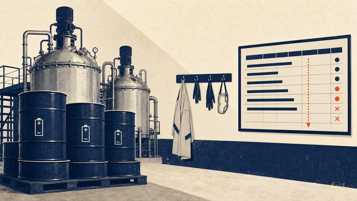 Idle stainless-steel reactors and stacked chemical drums inside a battery-materials plant being shut down.