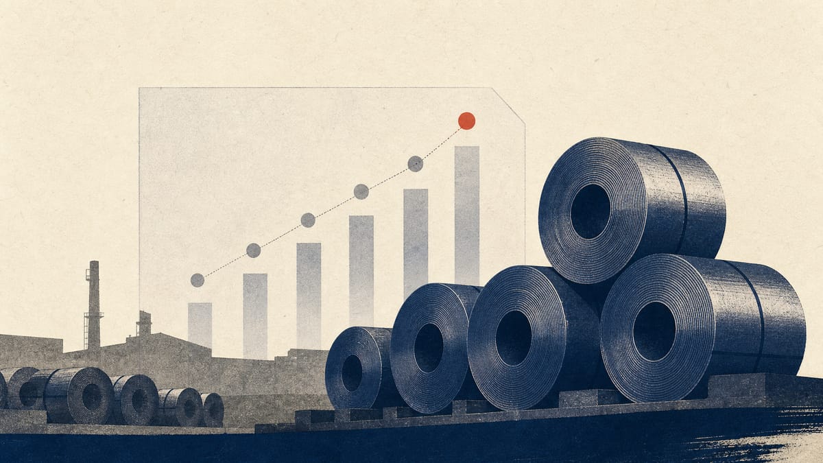 Illustration of steel coils in an industrial storage yard beneath a translucent data panel showing rising ownership-percentage bars, representing a brokerage group's growing stake in a steelmaker.