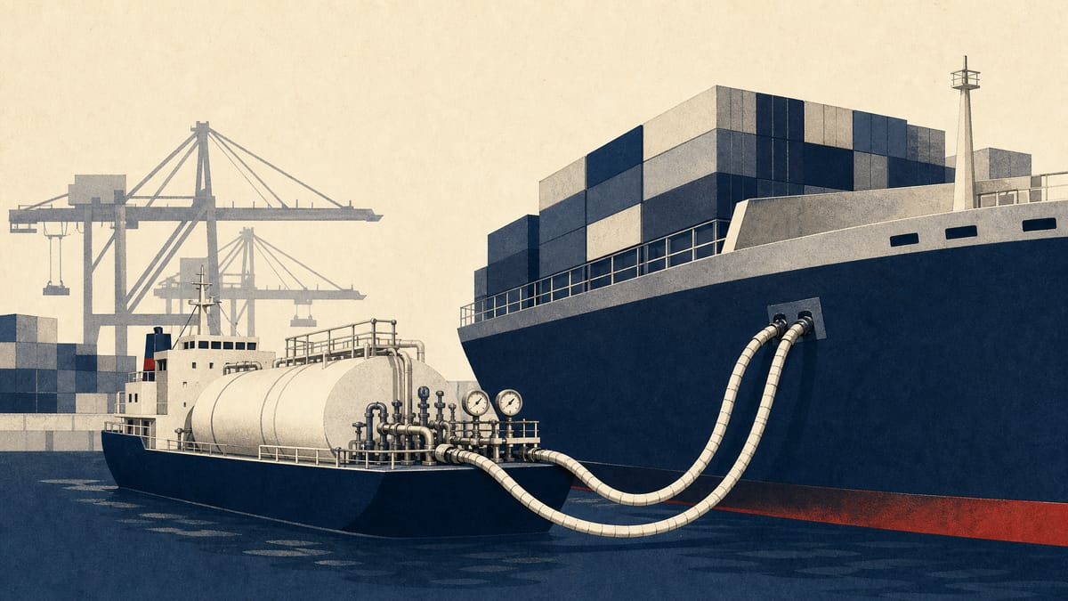 An LNG bunkering vessel transfers liquefied natural gas fuel to a large containership at a port terminal.