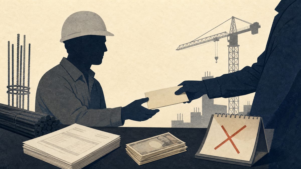 Illustration of a construction site payment exchange showing a foreman receiving a cash envelope instead of a 60-day promissory note, with rebar and a crane in the background.