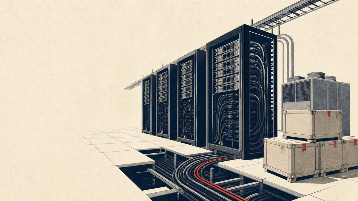 Illustration of GPU server racks being installed in a data center hall, representing a first-phase AI computing infrastructure buildout.