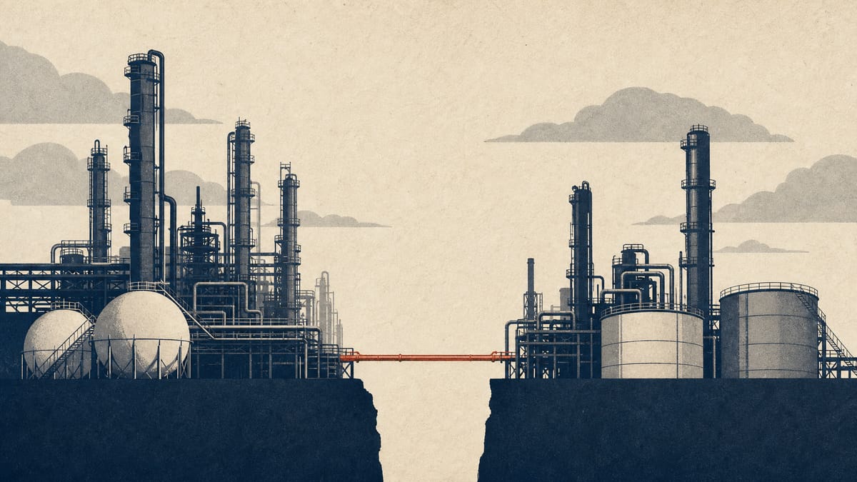 蒸留塔と配管ラックを備えた石油化学プラントが構造的な継ぎ目で分断される様子を描いた、化学子会社が親会社から分離する様子を象徴するイラスト。