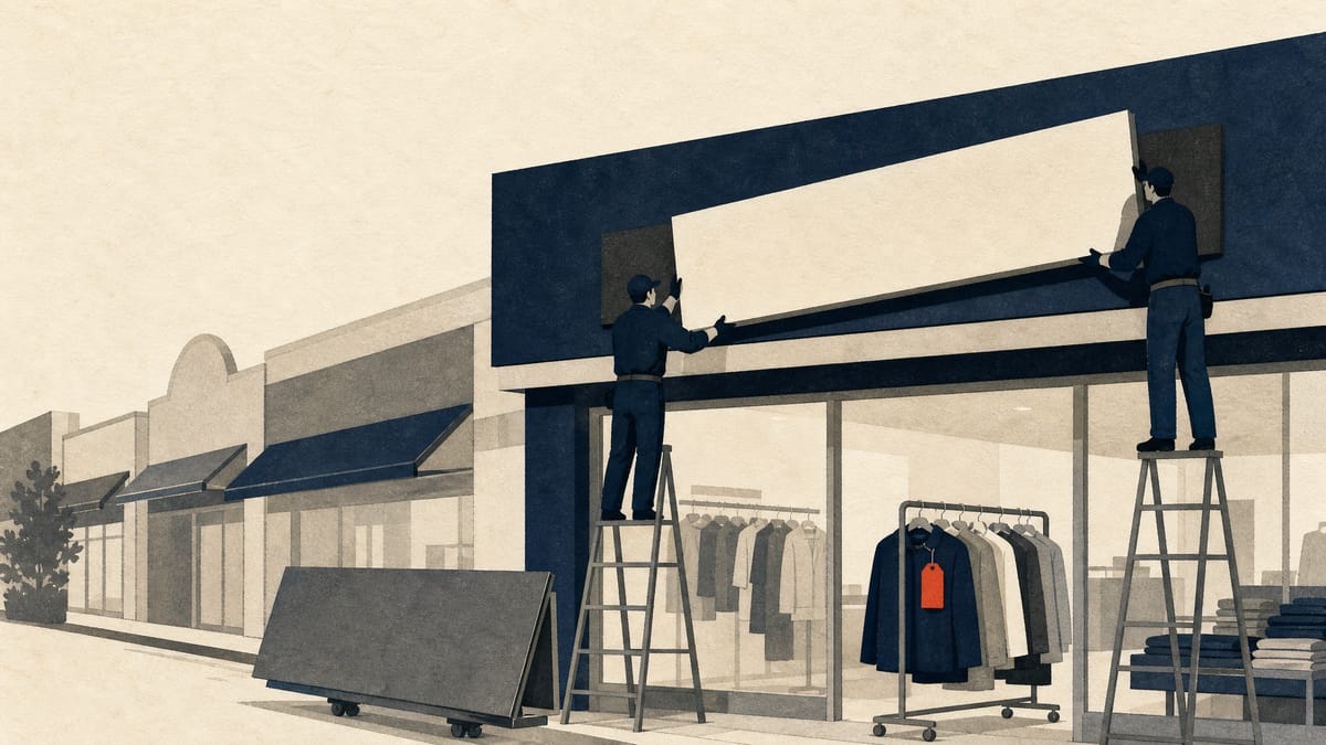 Editorial illustration of a storefront signage changeover on a Japanese retail street, with garment racks visible inside as one chain's branding replaces another's.