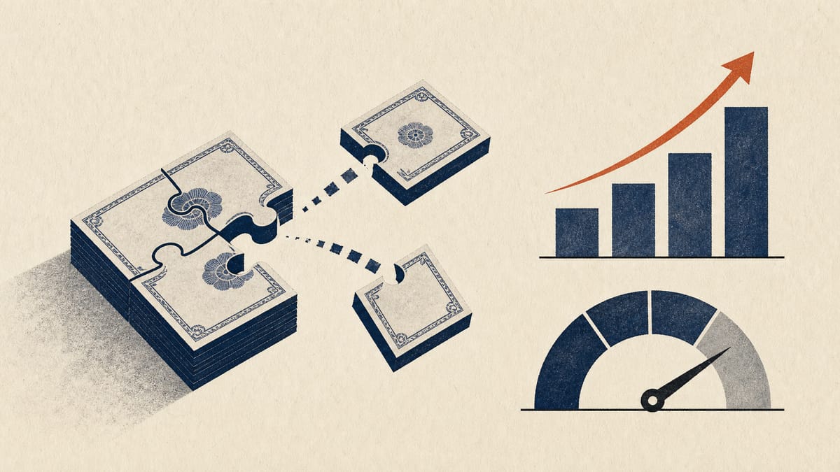 Illustration of cross-held share certificates being unwound alongside a rising dividend arrow and a trading-volume gauge.