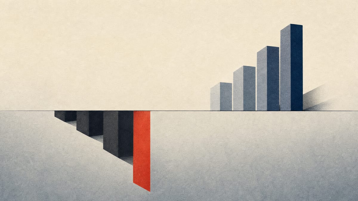 Illustration of one bar-chart sculpture collapsing downward beside another rising upward, symbolizing a company's swing to loss followed by a forecast rebound.