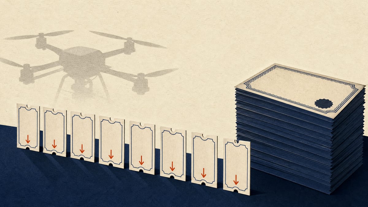 Illustration of exercise-price tickets marked down beside a rising stack of share certificates, with a faint drone rotor motif in the background.