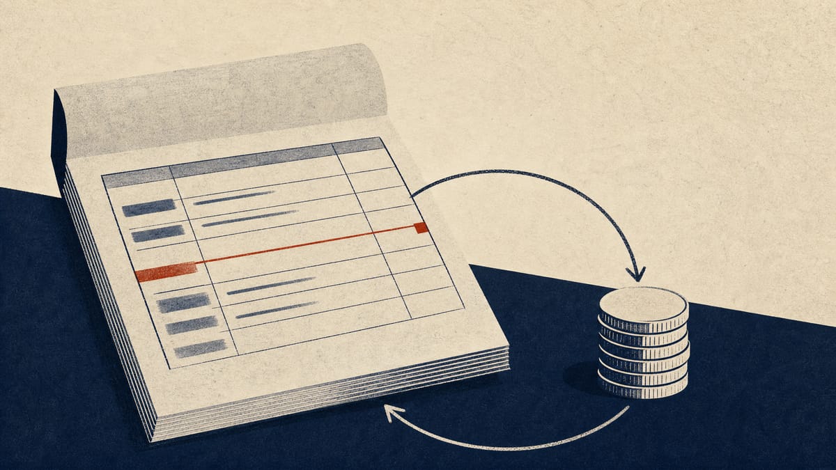 Illustration of an accounting ledger with one invoice line looping back to a stack of coins, symbolising a circular, non-cash transaction identified in a corporate investigation.
