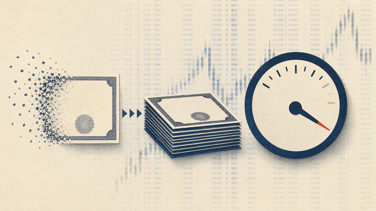 Illustration of a warrant certificate converting into stacked share certificates beside a gauge showing a shareholding percentage declining.