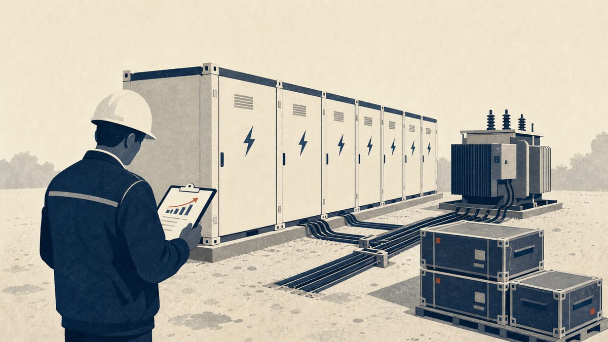 Grid-scale battery storage units and cabling on a construction site with a worker reviewing cost documents near stacked equipment crates.
