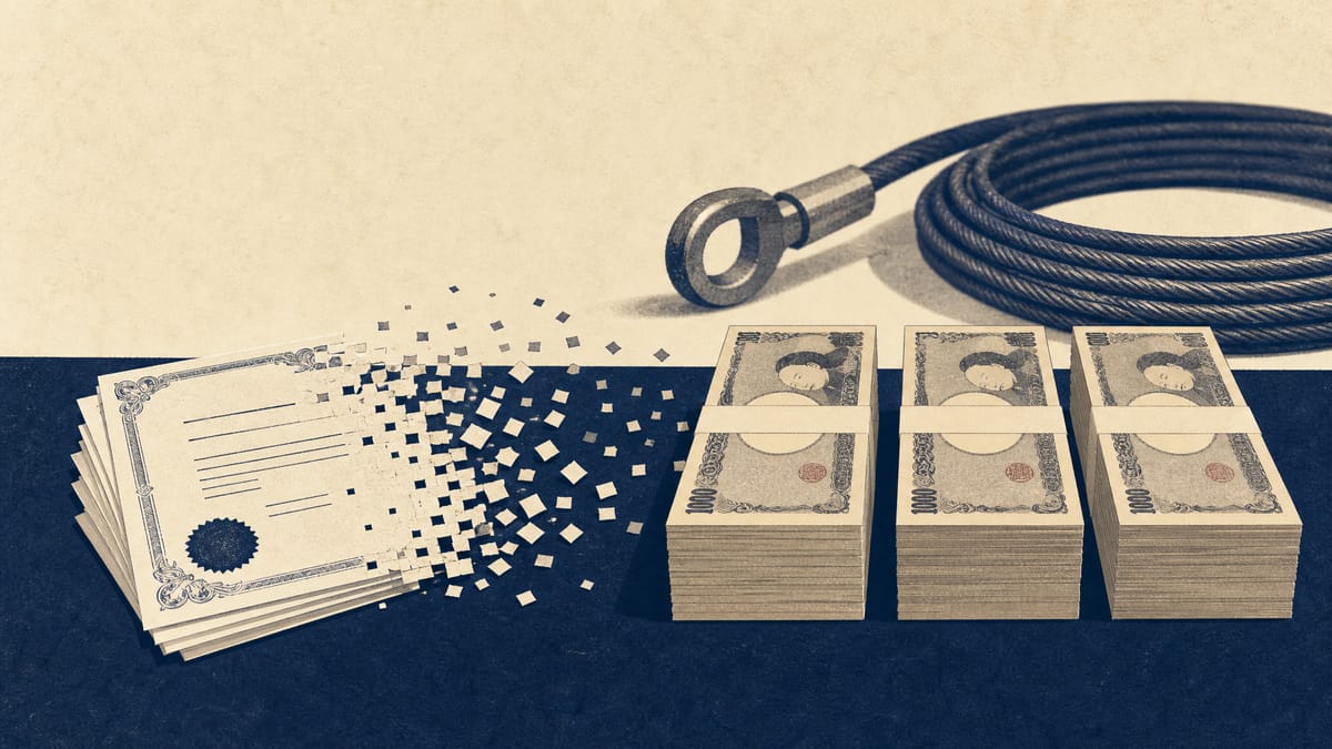 Illustration of stock certificates transforming into stacked yen banknotes beside a coiled control cable, symbolizing a manufacturer selling cross-held shares for cash.