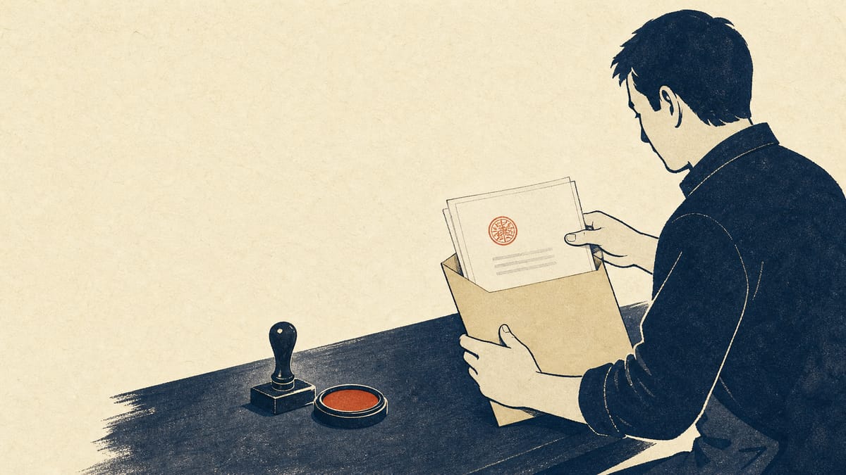 特許出願書類のフォルダを海外へ郵送するため準備する中小企業経営者を描いた編集用イラスト