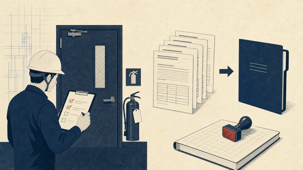 Illustration of a construction-site inspector checking fire-safety equipment tags beside a stack of duplicate paper permit forms being consolidated into one folder, with an unused official stamp resting on a ledger book.