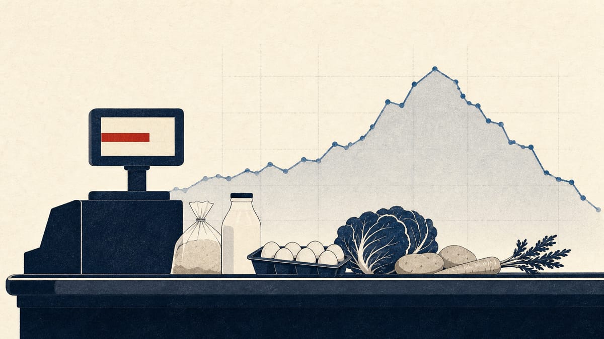 Illustration of a supermarket checkout scene layered with an abstract bond-yield line graph, representing the connection between Japan's food tax cut and government bond issuance.