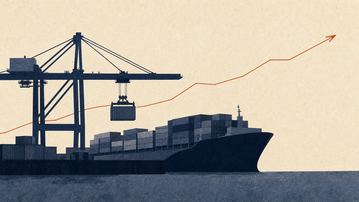 Editorial illustration of container cranes loading cargo at a port with a faint abstract upward growth line overlaid, representing export-led GDP growth.