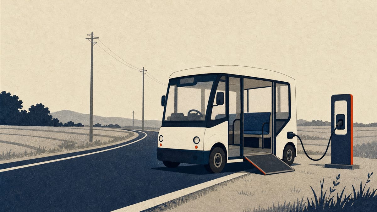 路肩の充電スポットに停車する小型低速電動シャトル車両のイラストで、日本のグリーンスローモビリティ補助金制度を表す。