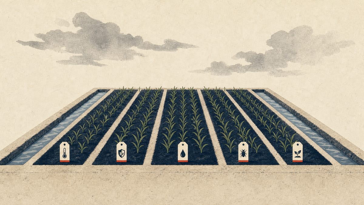 An agricultural test plot with labeled rows of seedlings, each tagged with a distinct trait, illustrating comparative crop-variety breeding trials.