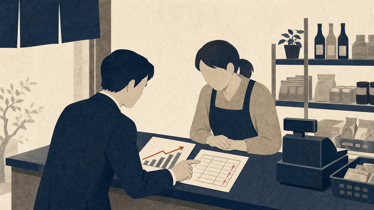 Illustration of a business advisor and a small shop owner reviewing a sales-growth chart and wage ledger at a neighborhood store counter.