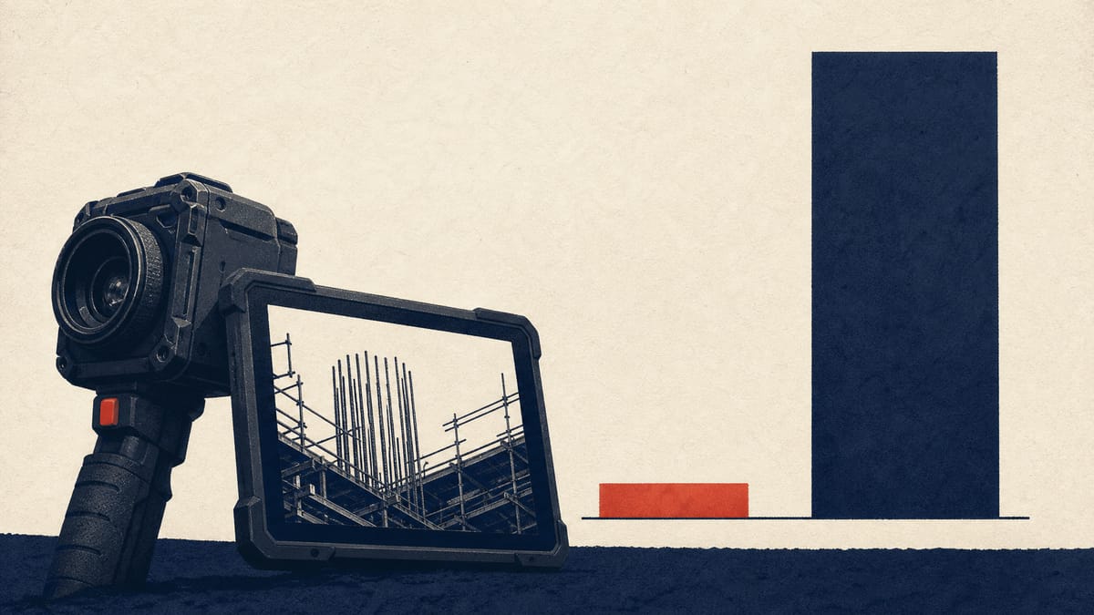 Illustration of a ruggedized construction-site camera beside an abstract bar graphic dividing a small treasury-stock disposal from a much larger secondary share sale.