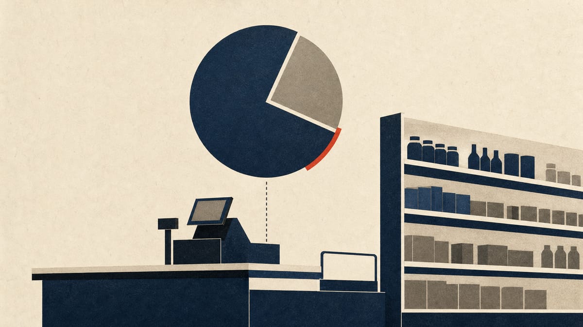 Stylized illustration of a supermarket checkout counter with an overlaid ownership-stake diagram showing two unequal segments, representing a corporate takeover of a grocery chain.