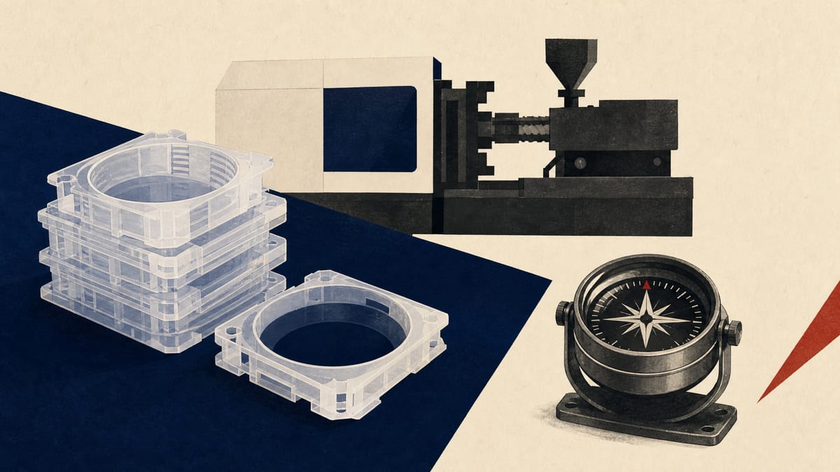 Molded plastic semiconductor-handling components on a factory production line next to a marine navigation compass, representing a resin maker's diversification into maritime instruments.