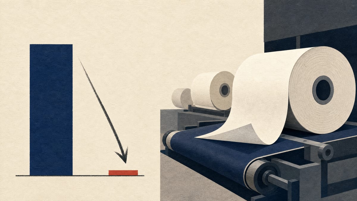 Illustration of a shrinking ownership-stake bar next to rolls of adhesive film on a factory production line, symbolizing Nippon Paper's reduced stake in LINTEC.