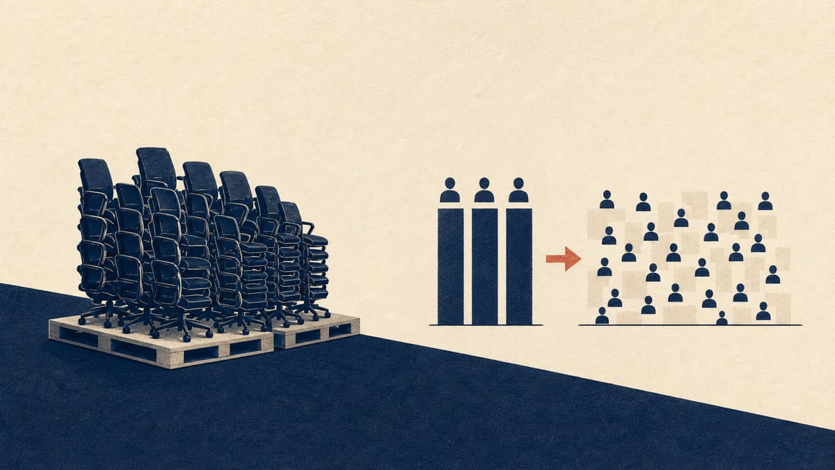 Stacked office chairs on a factory floor beside an abstract diagram of ownership shares moving from a few concentrated blocks to a broader public pool, symbolizing a secondary share sale.