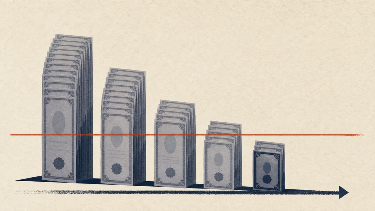 Illustration of a descending stack of stock certificate icons crossing a percentage threshold line, representing a shareholder reducing its ownership stake over time.