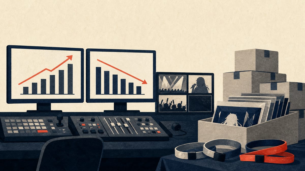 Illustration of a livestream production control desk with revenue and margin charts on monitors, plus merchandise boxes and event passes, representing a media company's rising sales but shrinking profit margin.